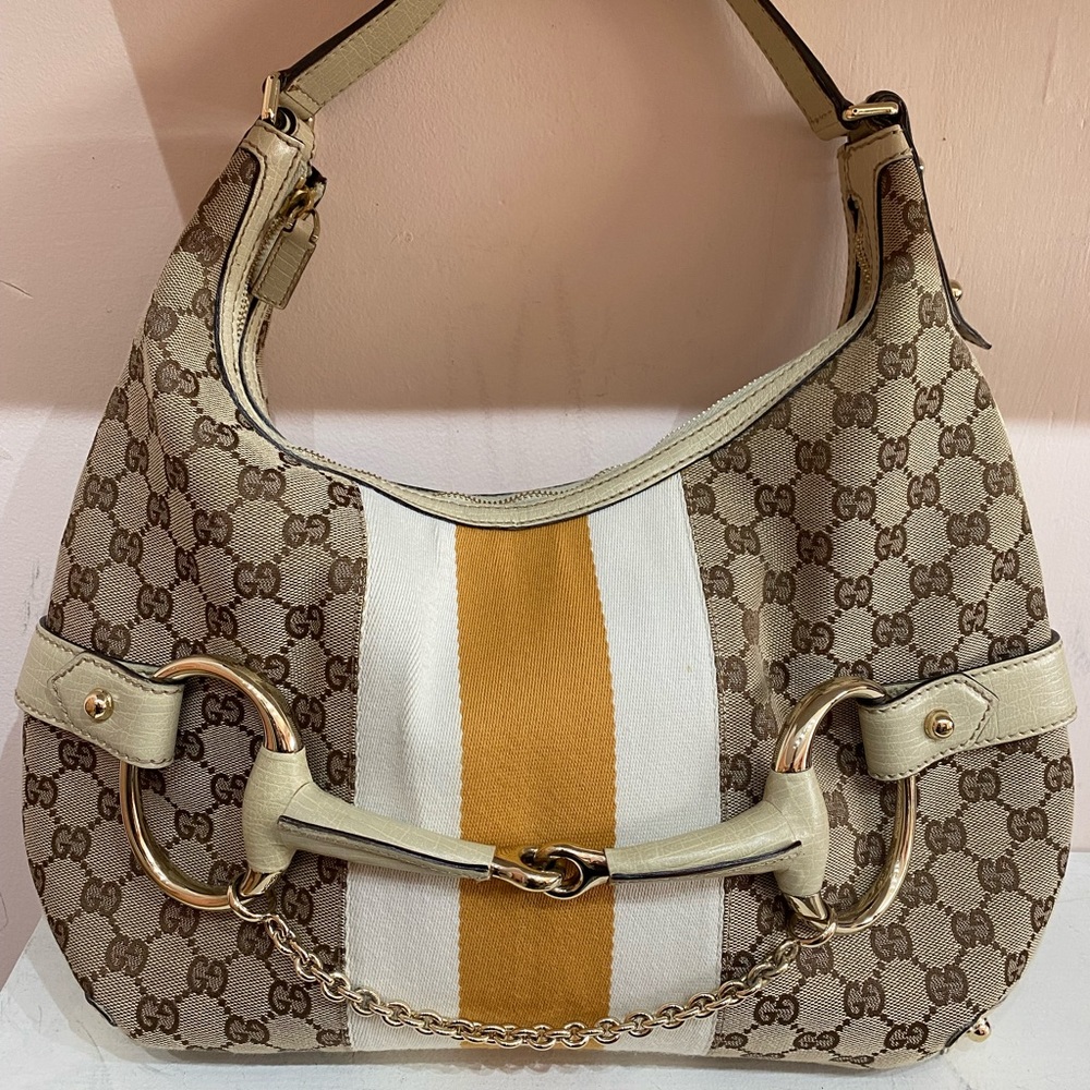 🔴SOLD - Gucci 2000s Monogram Canvas & White Leather Horsebit Hobo bag